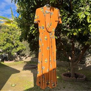 BEL KAZAN La Vie En Rose orange floral rayon surplice flutter sleeve maxi dress